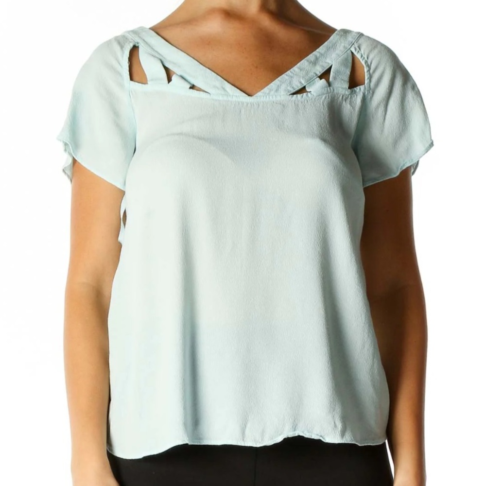 Maeve Soft Pale Blue Blouse with Cut-Out Lattice Design. Size 6.